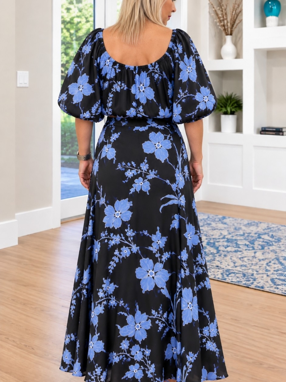Calypso St. Barth Black Maxi Skirt Set with Blue Floral Print